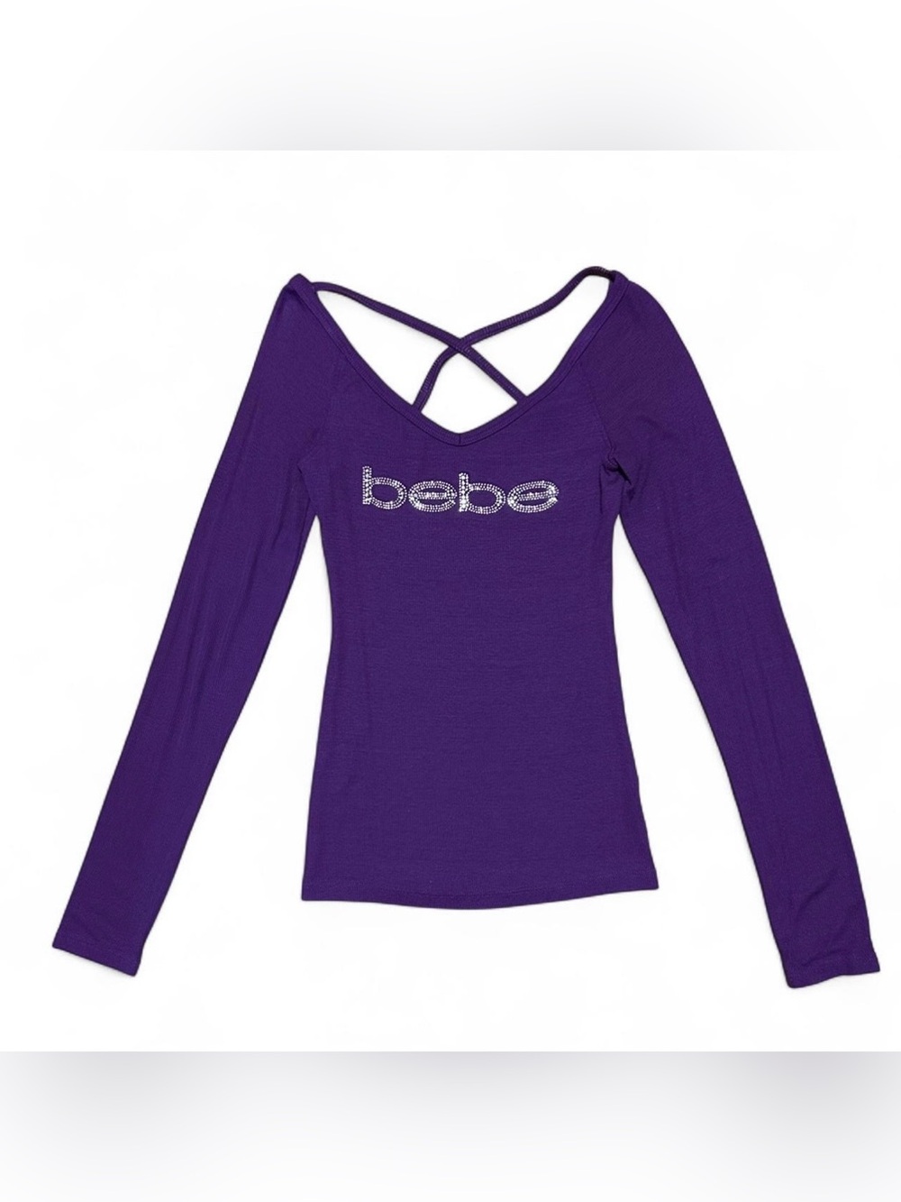 Bebe Y2K Purple Long Sleeve with Rhinestone Logo and Criss Cross Back Straps